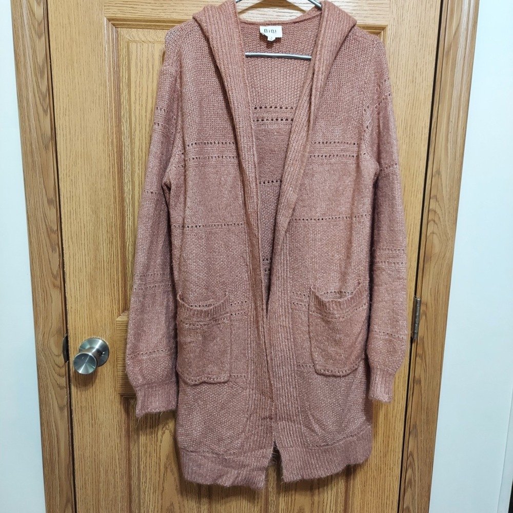 Bibi Cardigan Open Front Long Hooded‎ Sweater with Pockets Women's Small Pink